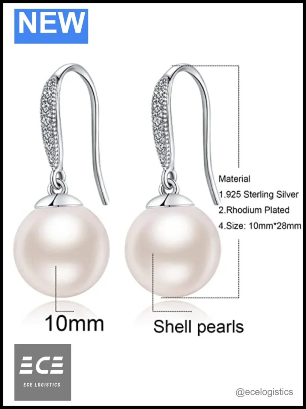 925 Sterling Silver Pearl Dangle Drop Earrings with Fish Hook Women Jewelry Gift
